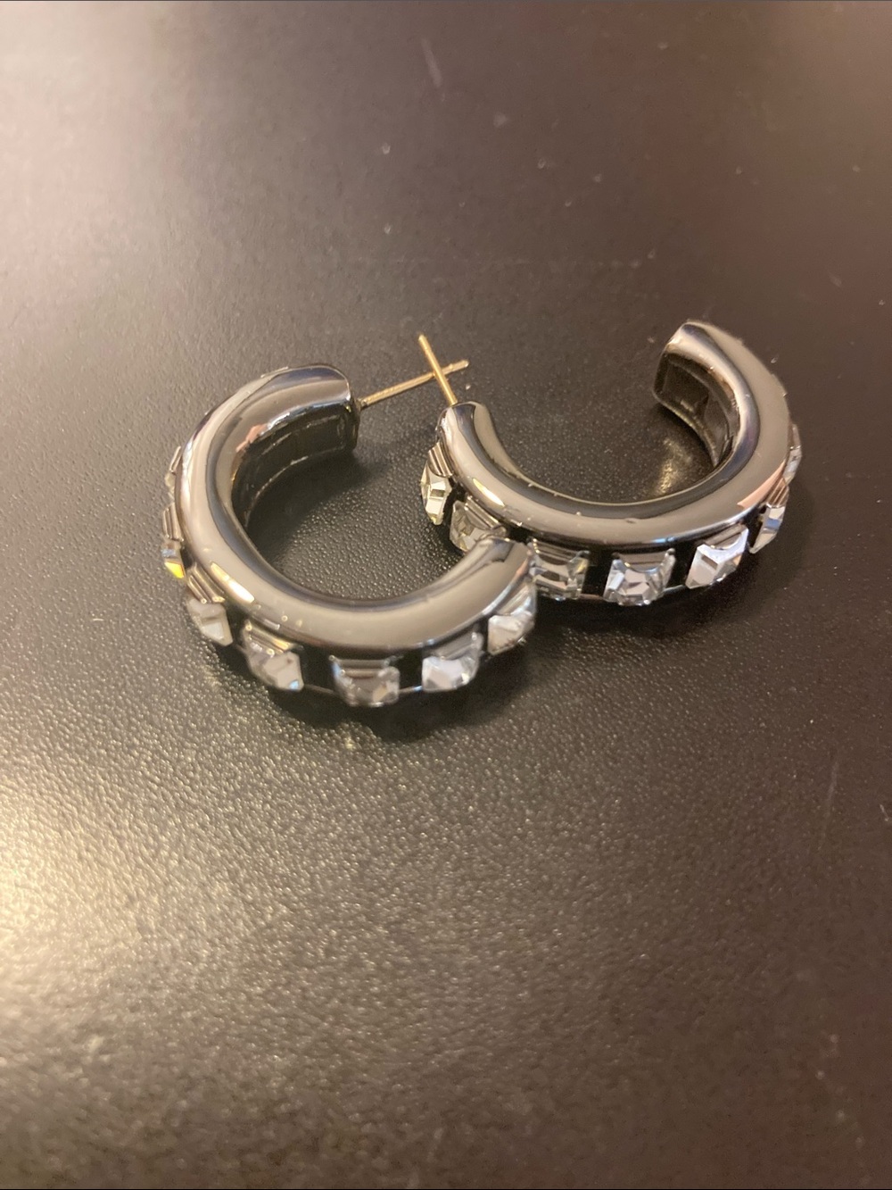 Black Hoop Earrings with Clear Crystal Accents